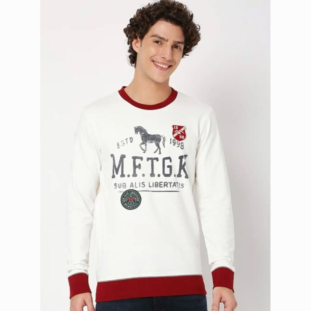 Mufti Men’s Medium Printed Pure Cotton Sweatshirt White Maroon